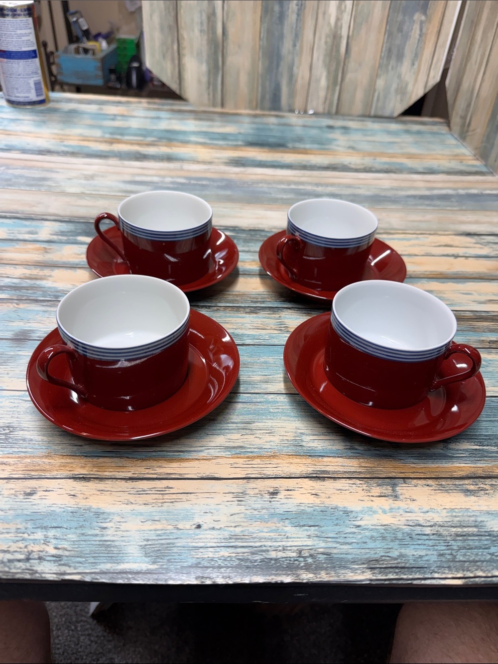 Set of 4 Vintage 1978 Fitz & Floyd "Circa" Blue & Cinnabar Cups and Saucers Set